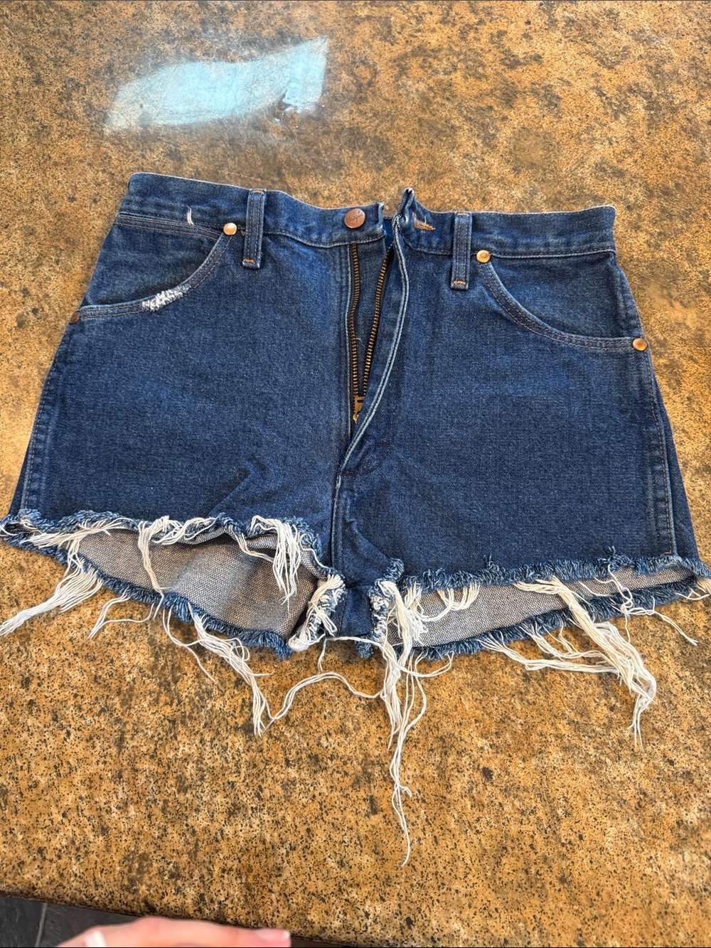 Wrangler Dark Blue Distressed Denim custom Cutoff Shorts - Picture 2 of 7